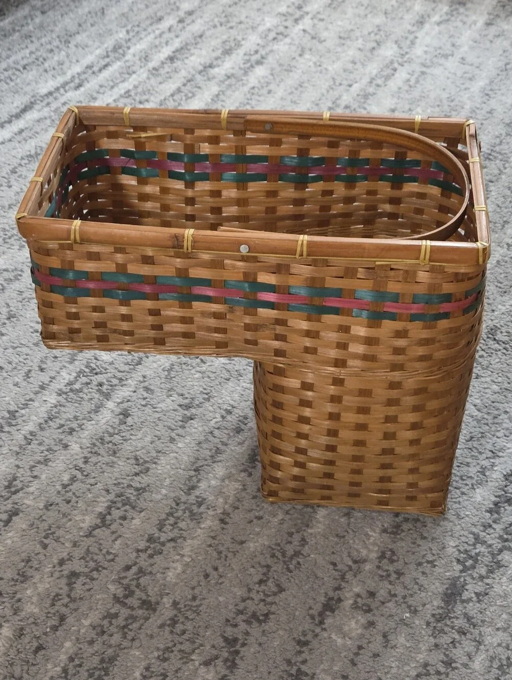 Vintage Rustic Woven Stair Step Wicker Basket Organizer Green Red Stripe Cottage